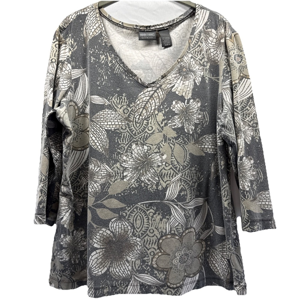Chicos Additions Women's Top Size XL Gray Green V Neck Artsy Floral 3/4 Sleeves